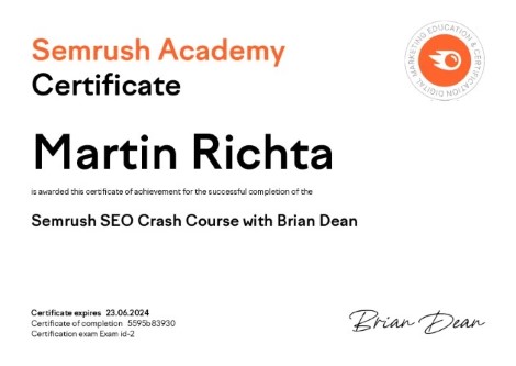 Semrush Academy Certificate - Semrush SEO Crash Course with Brian Dean